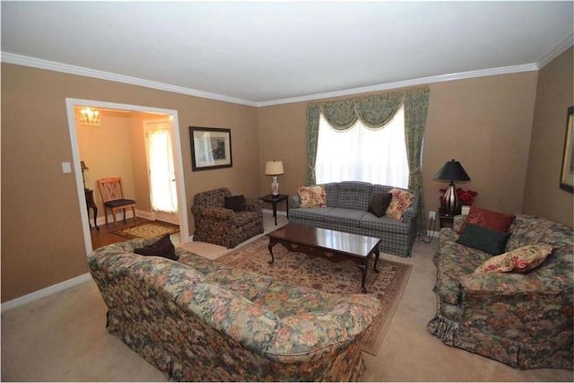 living room featuring crown molding and carpet flooring