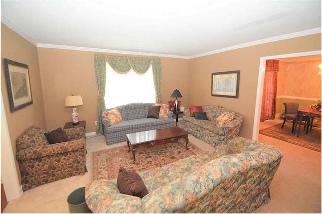 living room with carpet and crown molding