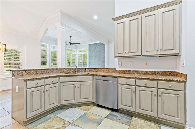 kitchen featuring ceiling fan, sink, kitchen peninsula, stainless steel dishwasher, and crown molding