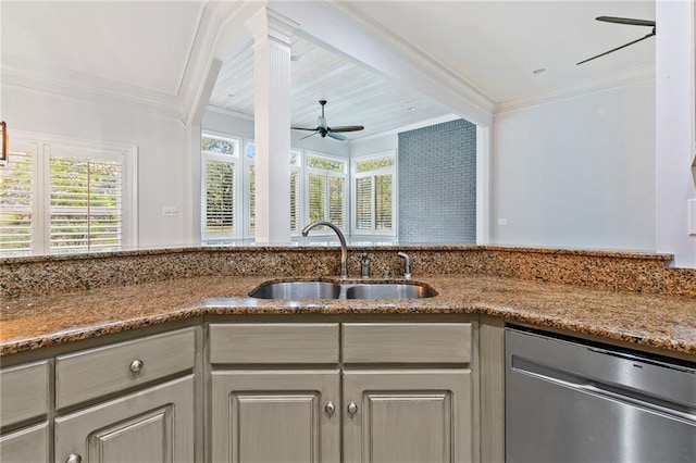 kitchen with crown molding, stainless steel dishwasher, sink, and ceiling fan