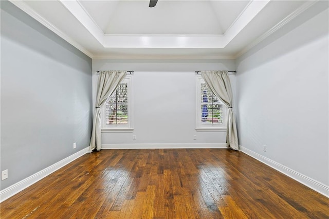 empty room with ornamental molding, a raised ceiling, dark hardwood / wood-style flooring, and a healthy amount of sunlight