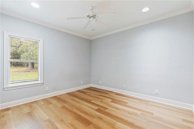 unfurnished room with ceiling fan, light hardwood / wood-style flooring, and crown molding