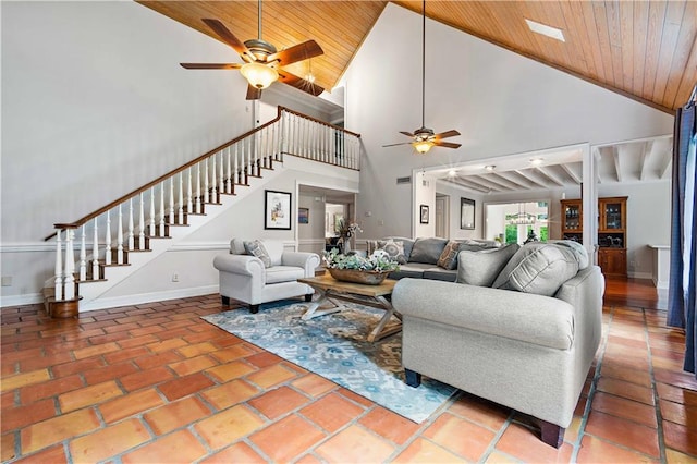 living room featuring ceiling fan, wood ceiling, and high vaulted ceiling