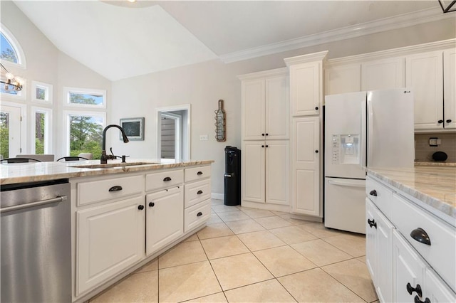 kitchen featuring white cabinetry, dishwasher, sink, light stone counters, and white refrigerator with ice dispenser