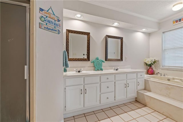 bathroom with tile patterned floors, separate shower and tub, crown molding, a textured ceiling, and vanity