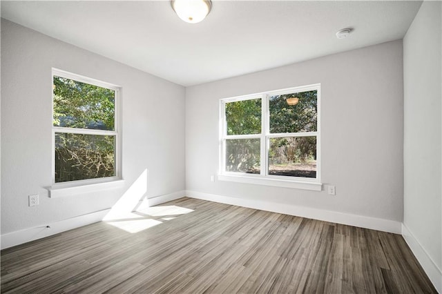 unfurnished room featuring wood finished floors, a wealth of natural light, and baseboards