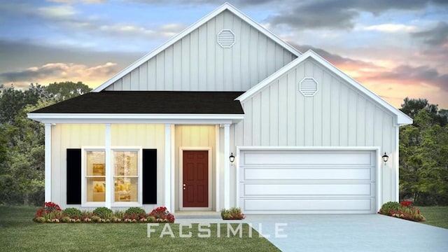 7320 Hawkins Mnr S, Mobile, AL 36695 - view of front of house with board and batten siding, an attached garage, driveway, a lawn, and a shingled roof