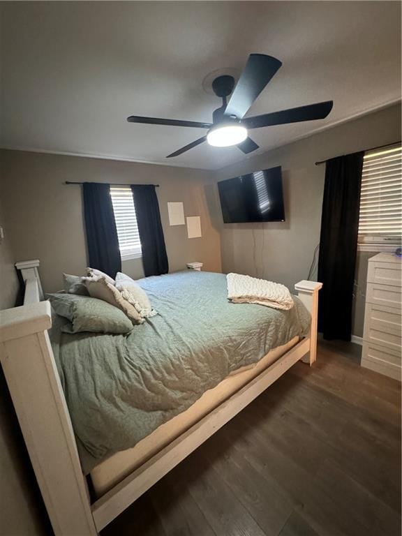 bedroom with dark hardwood / wood-style flooring and ceiling fan