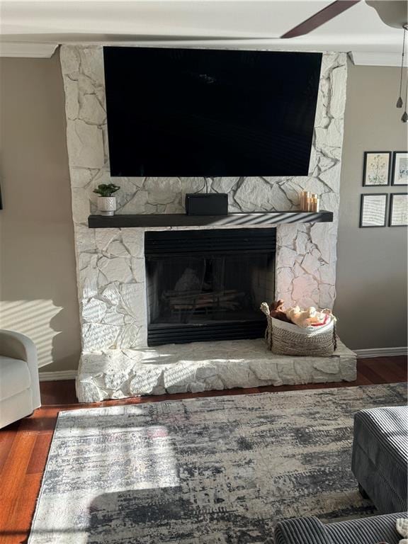 room details with hardwood / wood-style floors, a stone fireplace, and crown molding