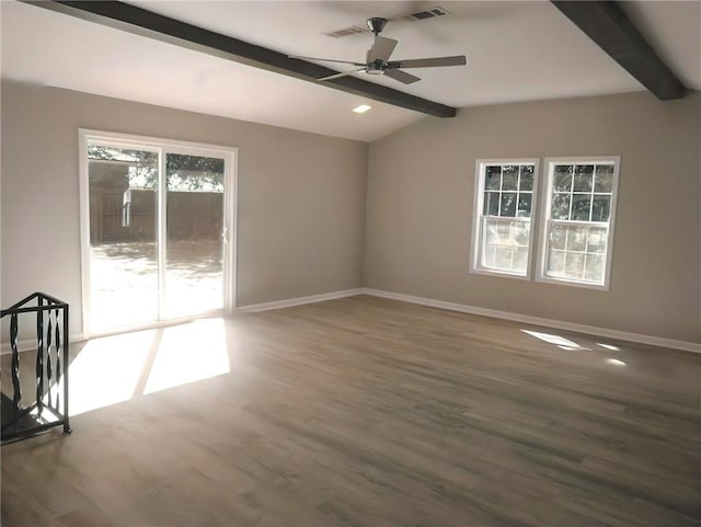 empty room with vaulted ceiling with beams, hardwood / wood-style flooring, and ceiling fan