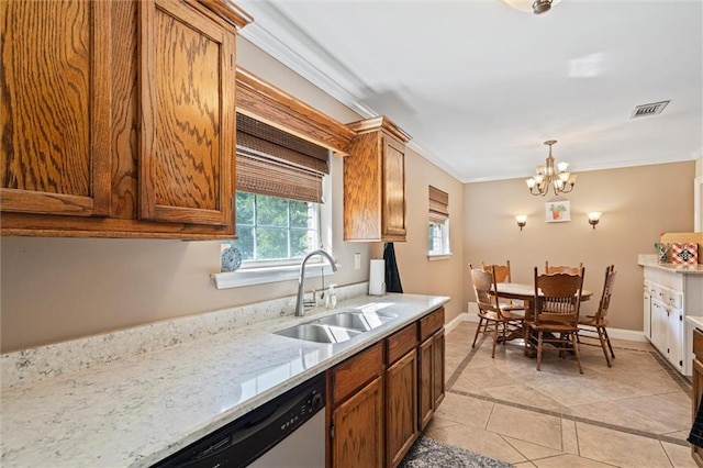 kitchen with light tile patterned flooring, decorative light fixtures, sink, ornamental molding, and a notable chandelier