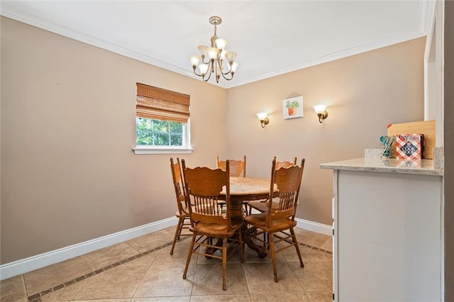 tiled dining space with ornamental molding and a chandelier