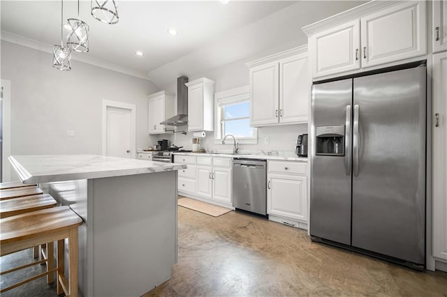 11531 Schmidt Ln S, Mobile, AL 36695 - kitchen with stainless steel appliances, wall chimney range hood, white cabinetry, a kitchen island, and light stone counters
