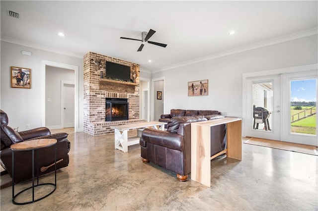 11531 Schmidt Ln S, Mobile, AL 36695 - living room featuring finished concrete flooring, ceiling fan, a fireplace, crown molding, and french doors