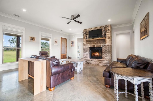 11531 Schmidt Ln S, Mobile, AL 36695 - living room featuring concrete flooring, ceiling fan, a brick fireplace, recessed lighting, and crown molding