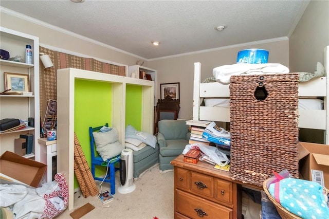 home office featuring a textured ceiling, ornamental molding, and light carpet