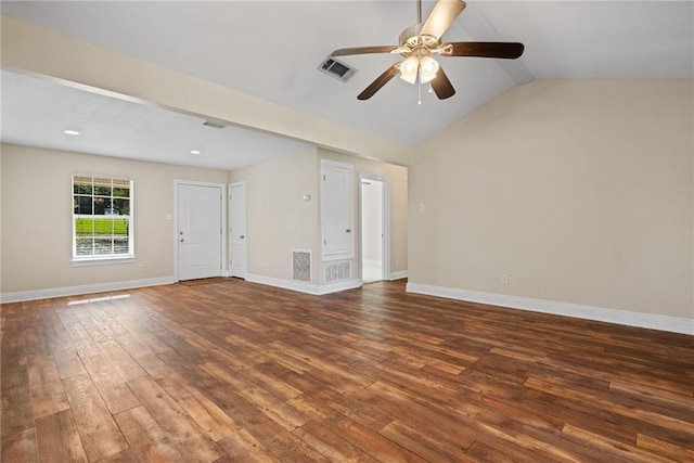 spare room featuring dark hardwood / wood-style floors, ceiling fan, and lofted ceiling