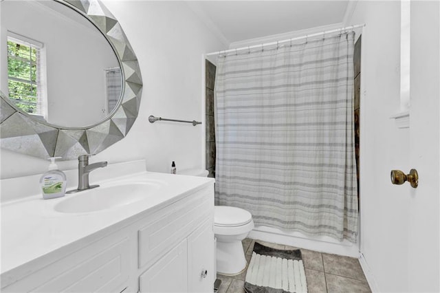 full bathroom featuring tile patterned flooring, shower / bathtub combination with curtain, toilet, vanity, and crown molding