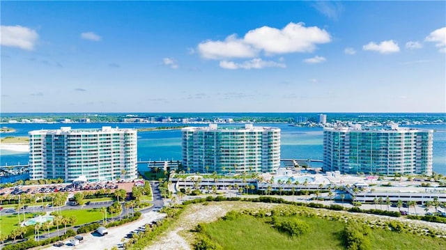 drone / aerial view featuring a water view