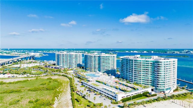 aerial view featuring a water view