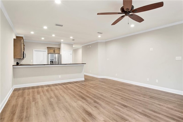 unfurnished living room with ornamental molding, ceiling fan, and light hardwood / wood-style floors