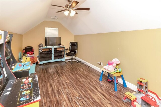 playroom featuring lofted ceiling, ceiling fan, baseboards, and wood finished floors