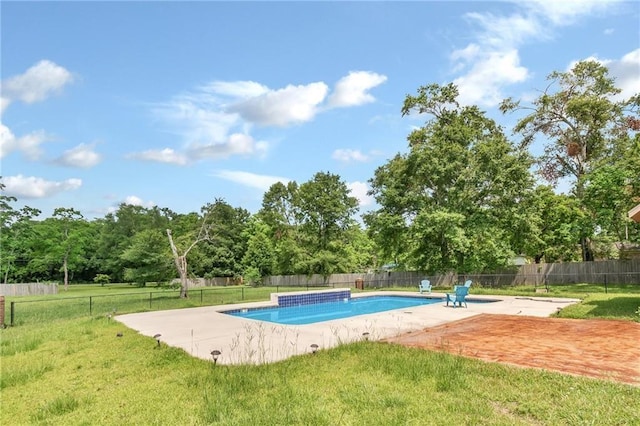 view of pool with a fenced backyard, a fenced in pool, a lawn, and a patio