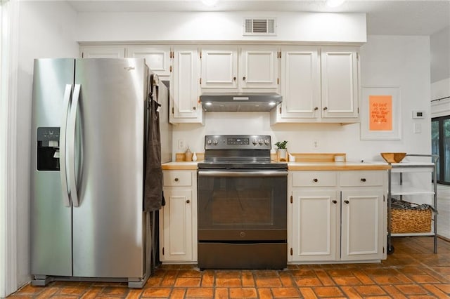 kitchen with white cabinets, stainless steel fridge with ice dispenser, ventilation hood, and black range with electric stovetop