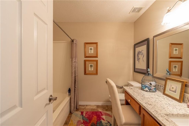 629 Spring Lake Dr W, Mobile, AL 36695 - full bathroom featuring vanity, a textured ceiling, and shower / bathtub combination with curtain