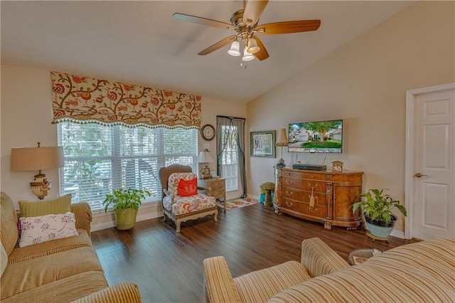 629 Spring Lake Dr W, Mobile, AL 36695 - living room featuring ceiling fan, wood finished floors, and high vaulted ceiling