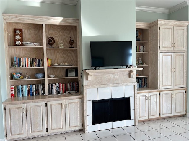 tiled living room featuring crown molding