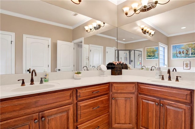 bathroom featuring ornamental molding, vanity, a chandelier, and walk in shower