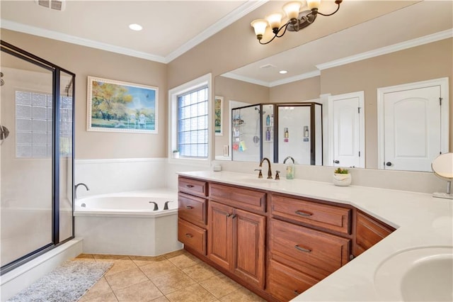 bathroom with ornamental molding, vanity, separate shower and tub, and tile patterned floors