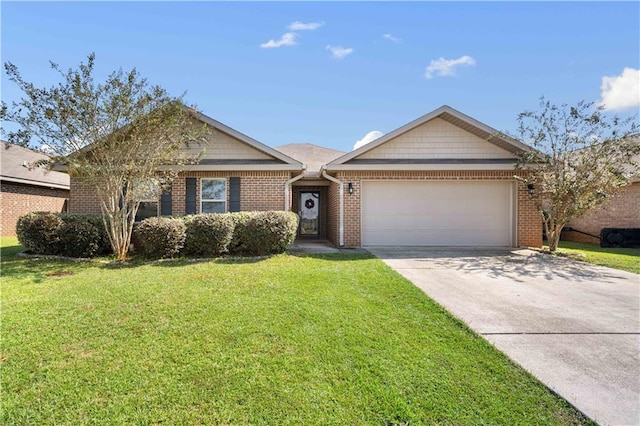 ranch-style house featuring a garage and a front yard