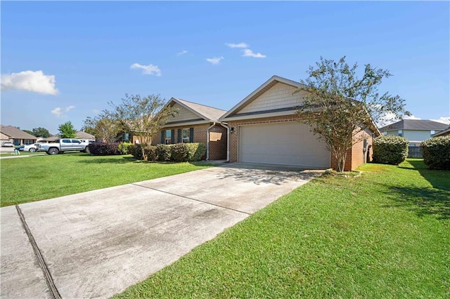 ranch-style house with a garage and a front lawn