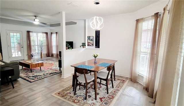 dining area featuring ceiling fan, light hardwood / wood-style floors, and ornamental molding