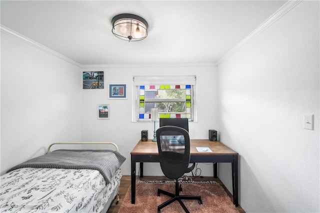 bedroom featuring crown molding and wood-type flooring