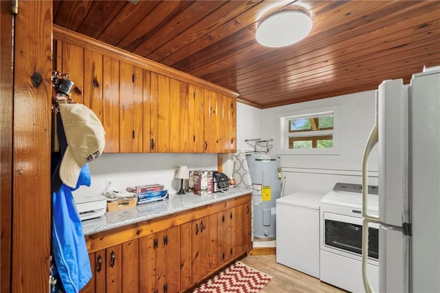 washroom with light wood-type flooring, wooden ceiling, water heater, and washing machine and clothes dryer