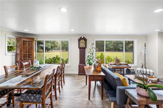 dining space with ornamental molding, hardwood / wood-style flooring, and a wealth of natural light