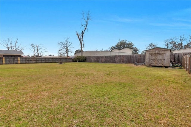 view of yard featuring a storage unit, an outdoor structure, and a fenced backyard