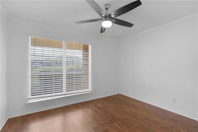 unfurnished room featuring crown molding, wood-type flooring, and ceiling fan