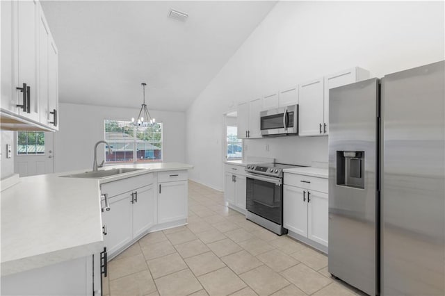 kitchen featuring appliances with stainless steel finishes, sink, white cabinetry, pendant lighting, and a chandelier