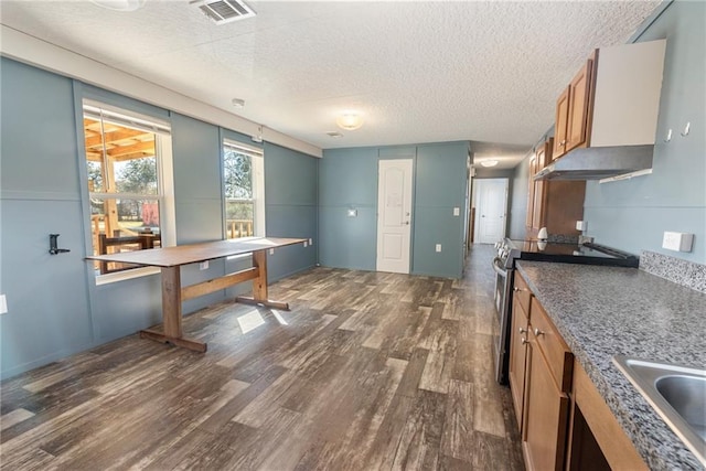 kitchen featuring stainless steel range with electric stovetop, dark hardwood / wood-style floors, sink, and a textured ceiling