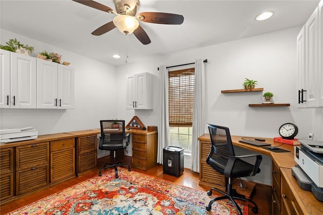 office area with ceiling fan and light wood-type flooring