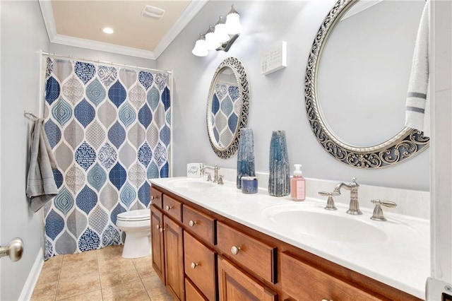 bathroom featuring toilet, vanity, tile patterned floors, and crown molding