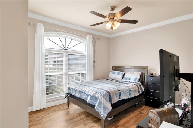 bedroom with ornamental molding, multiple windows, hardwood / wood-style floors, and ceiling fan