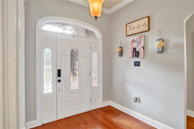 foyer featuring wood-type flooring and ornamental molding