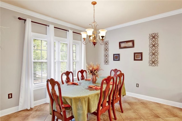 tiled dining space with ornamental molding and a notable chandelier