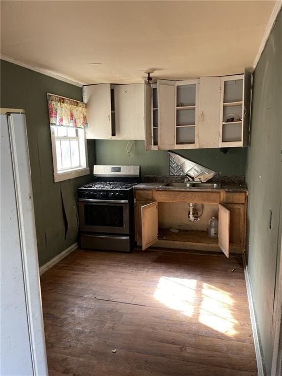 kitchen with gas range, sink, dark hardwood / wood-style flooring, and white refrigerator