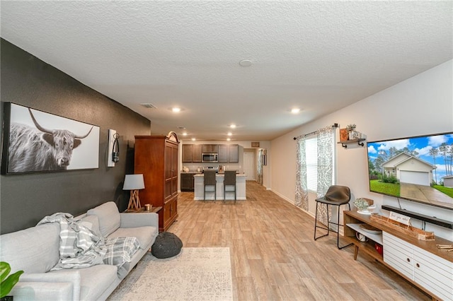 living room with light hardwood / wood-style floors and a textured ceiling